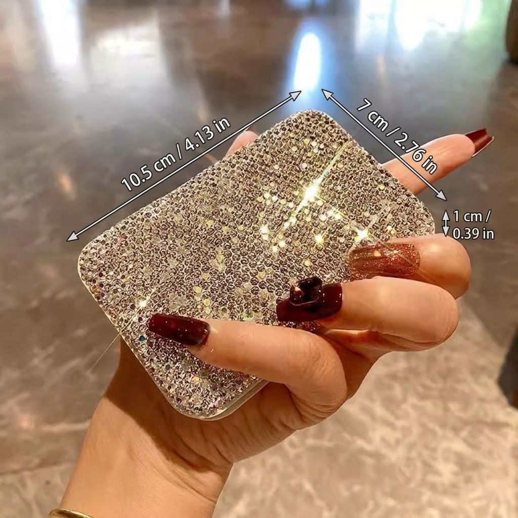 Luxury Rhinestone Mini Folding Compact Mirror Portable Travel Makeup Mirror for Purse Pocket and Desktop Touch-Ups (Silver)