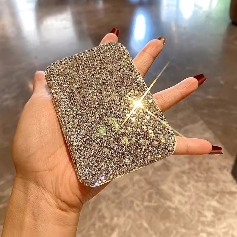 Luxury Rhinestone Mini Folding Compact Mirror Portable Travel Makeup Mirror for Purse Pocket and Desktop Touch-Ups (Silver)
