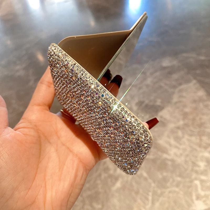 Luxury Rhinestone Mini Folding Compact Mirror Portable Travel Makeup Mirror for Purse Pocket and Desktop Touch-Ups (Silver)