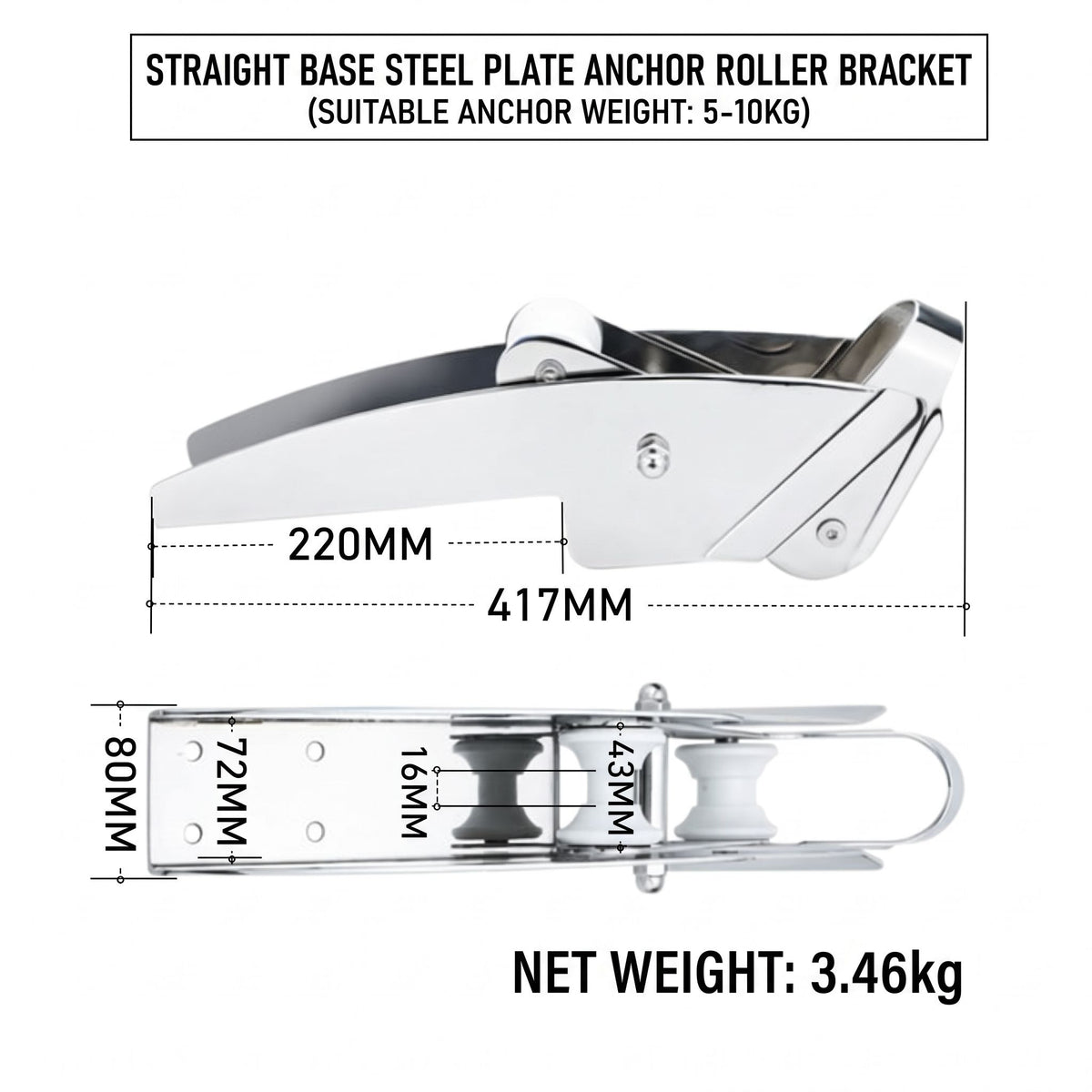 Marine Grade Stainless Steel Boat Anchor Roller Bracket with Dual Rollers and Anchor Stopper for Bow Mounting, Corrosion Resistant Anchor Retrieval System for Boats and Yachts (Straight Base 10-20KG)