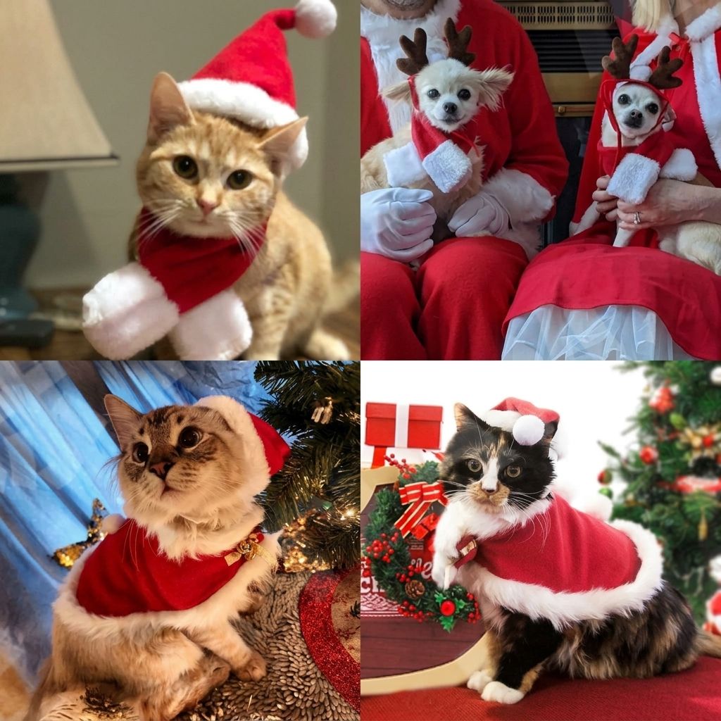 Christmas Pet Costume Set with Reindeer Antler Headband Santa Hat Scarf and Cape for Small Cats and Dogs Holiday Photo Outfit (Scarf)