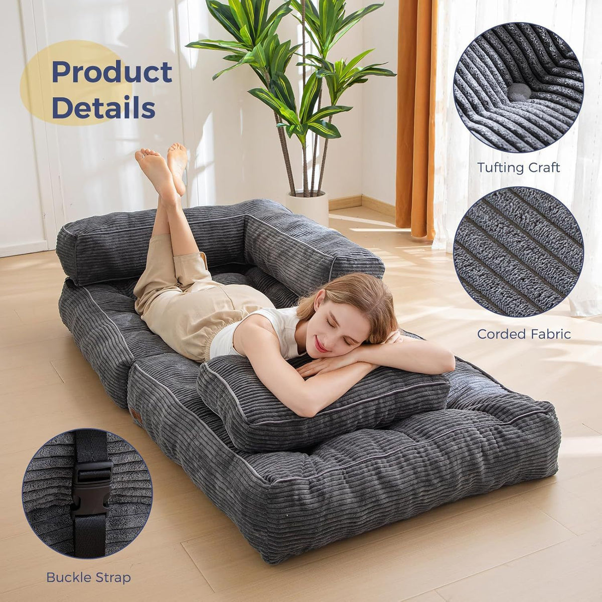 Foldable Corduroy Sofa Bed with Tufted Buttons and Side Buckle Straps, Convertible Lounger for Reading, Gaming, Napping and Relaxing in Living Rooms (Beige)