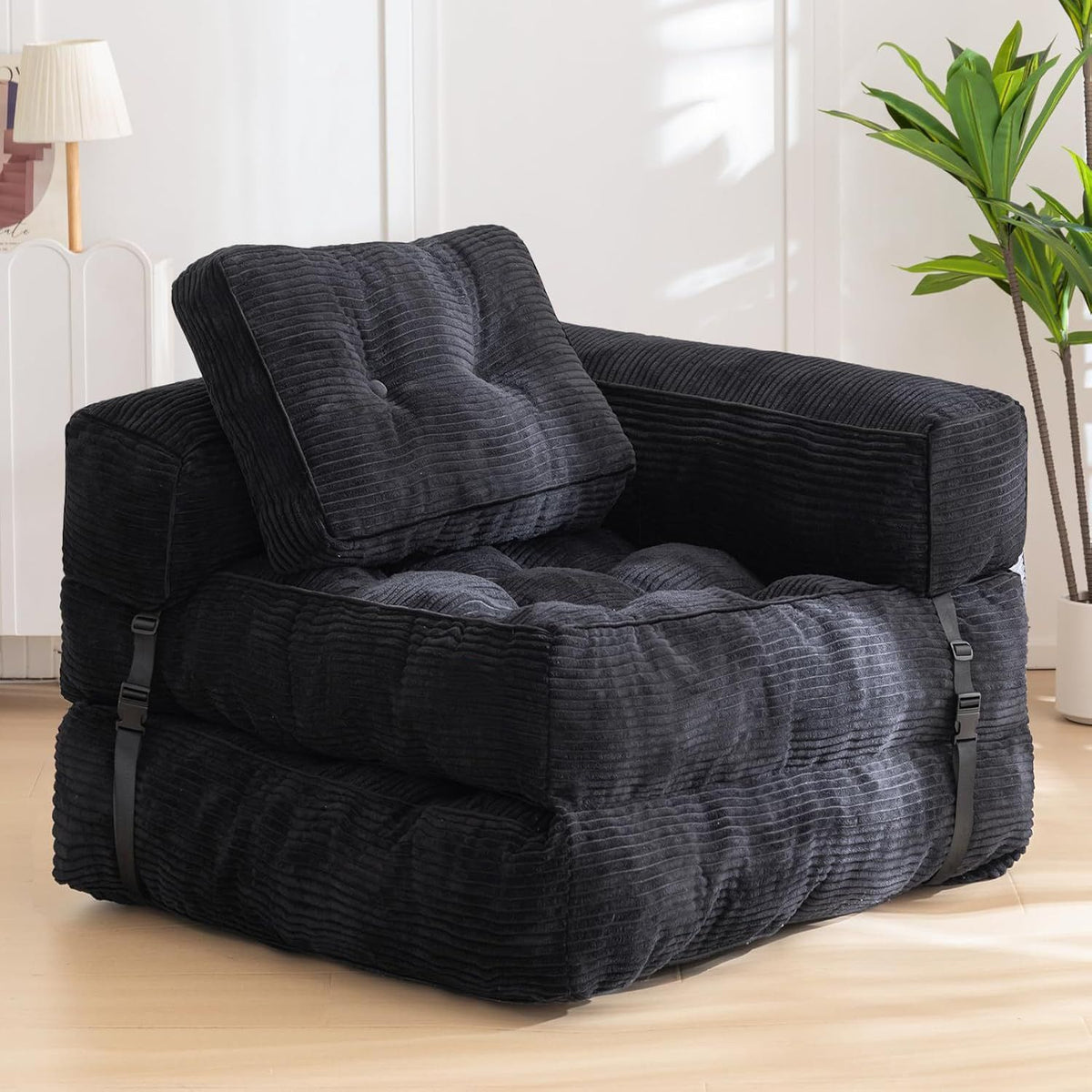 Foldable Corduroy Sofa Bed with Tufted Buttons and Side Buckle Straps, Convertible Lounger for Reading, Gaming, Napping and Relaxing in Living Rooms (Beige)