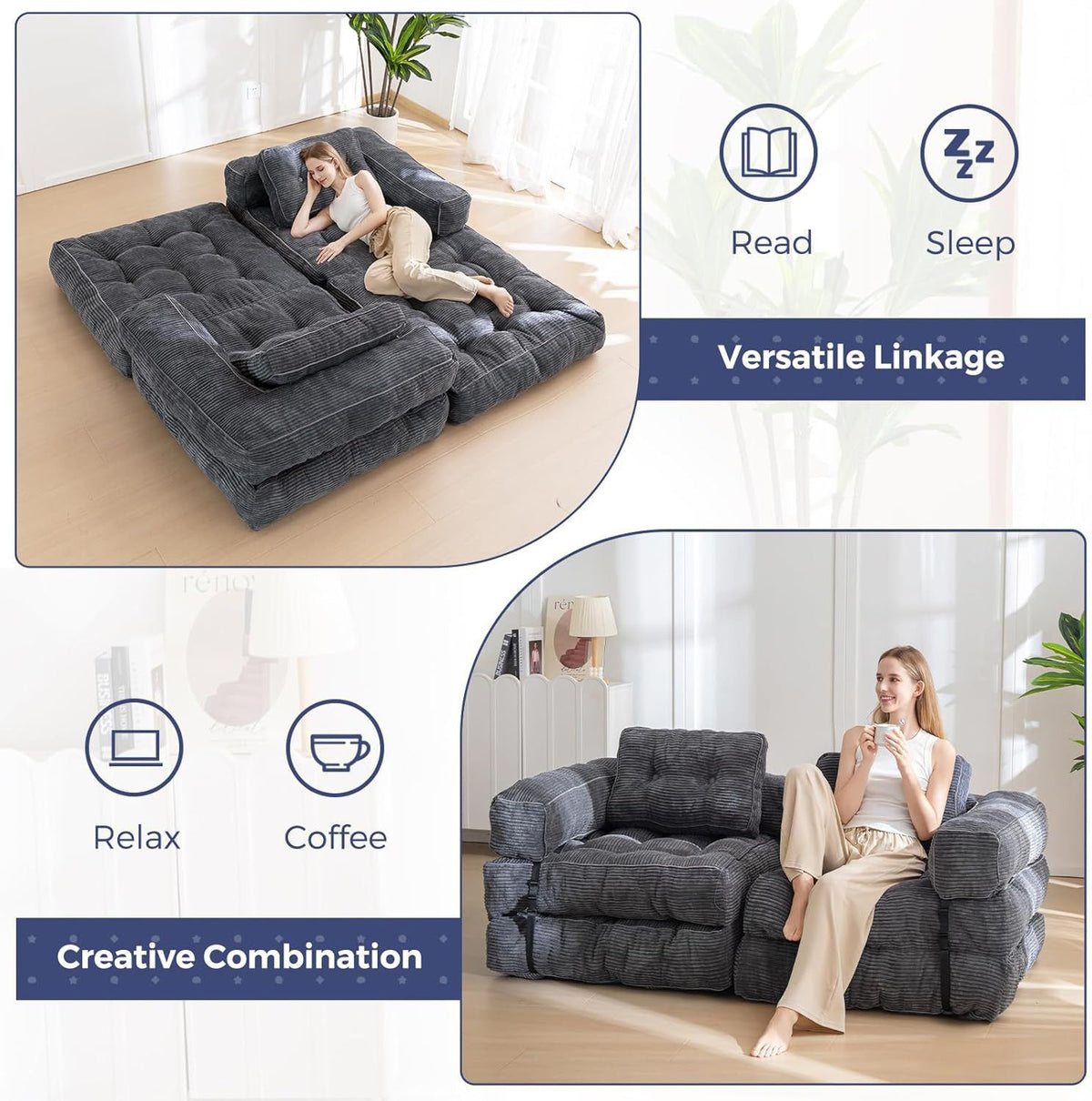 Foldable Corduroy Sofa Bed with Tufted Buttons and Side Buckle Straps, Convertible Lounger for Reading, Gaming, Napping and Relaxing in Living Rooms (DarkGrey)