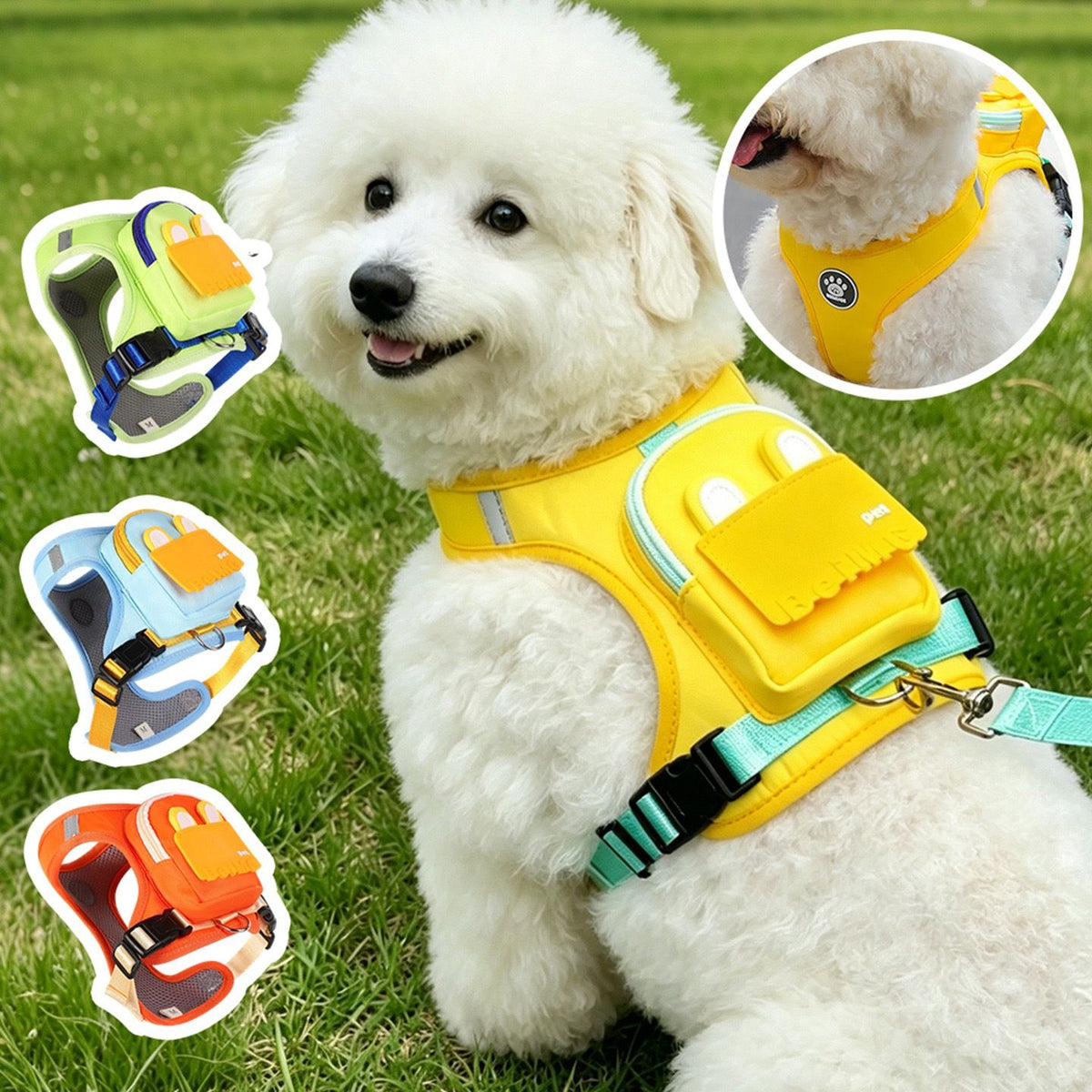 Stylish Color-Block Dog Backpack Harness with Built-in Poop Bag Dispenser – No-Pull Vest Design, Breathable Mesh Interior, and Matching 1.5m Leash for Fun-Filled Daily Walks and Outdoor Mini Adventures (L, Blue)