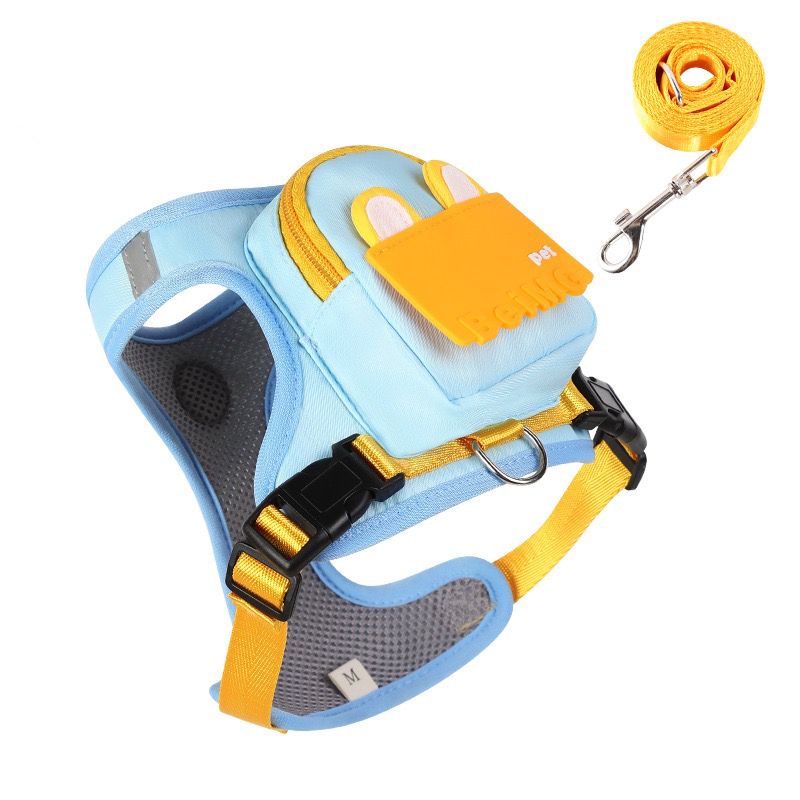 Stylish Color-Block Dog Backpack Harness with Built-in Poop Bag Dispenser – No-Pull Vest Design, Breathable Mesh Interior, and Matching 1.5m Leash for Fun-Filled Daily Walks and Outdoor Mini Adventures (M, Blue)