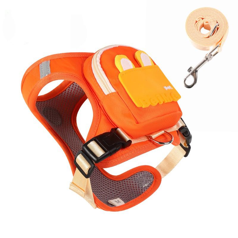 Stylish Color-Block Dog Backpack Harness with Built-in Poop Bag Dispenser – No-Pull Vest Design, Breathable Mesh Interior, and Matching 1.5m Leash for Fun-Filled Daily Walks and Outdoor Mini Adventures (M, Blue)