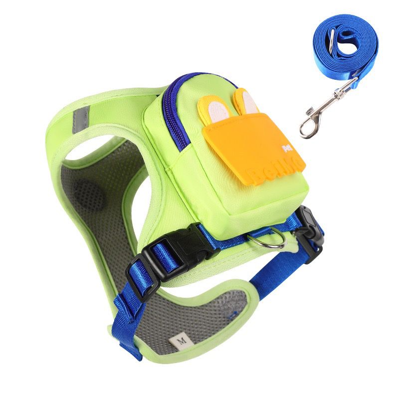 Stylish Color-Block Dog Backpack Harness with Built-in Poop Bag Dispenser – No-Pull Vest Design, Breathable Mesh Interior, and Matching 1.5m Leash for Fun-Filled Daily Walks and Outdoor Mini Adventures (M, Blue)