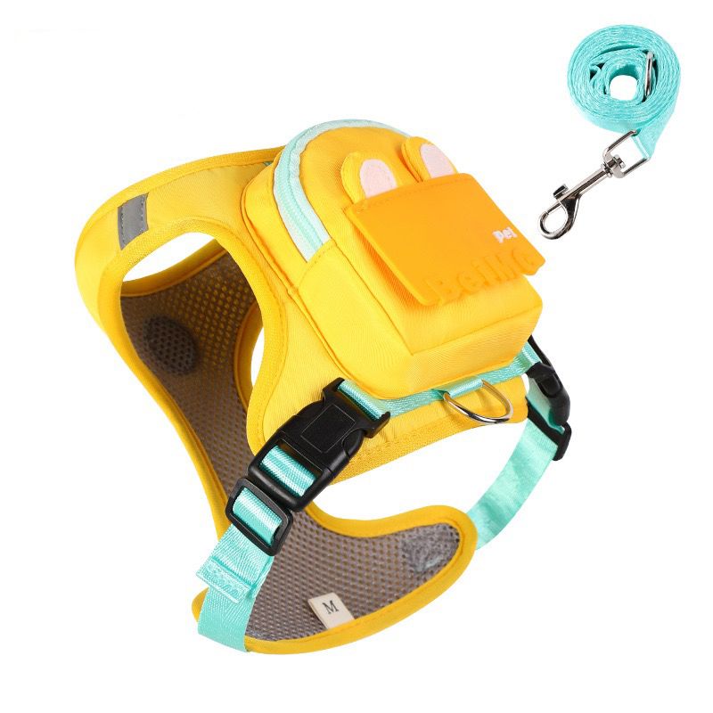 Stylish Color-Block Dog Backpack Harness with Built-in Poop Bag Dispenser – No-Pull Vest Design, Breathable Mesh Interior, and Matching 1.5m Leash for Fun-Filled Daily Walks and Outdoor Mini Adventures (M, Blue)