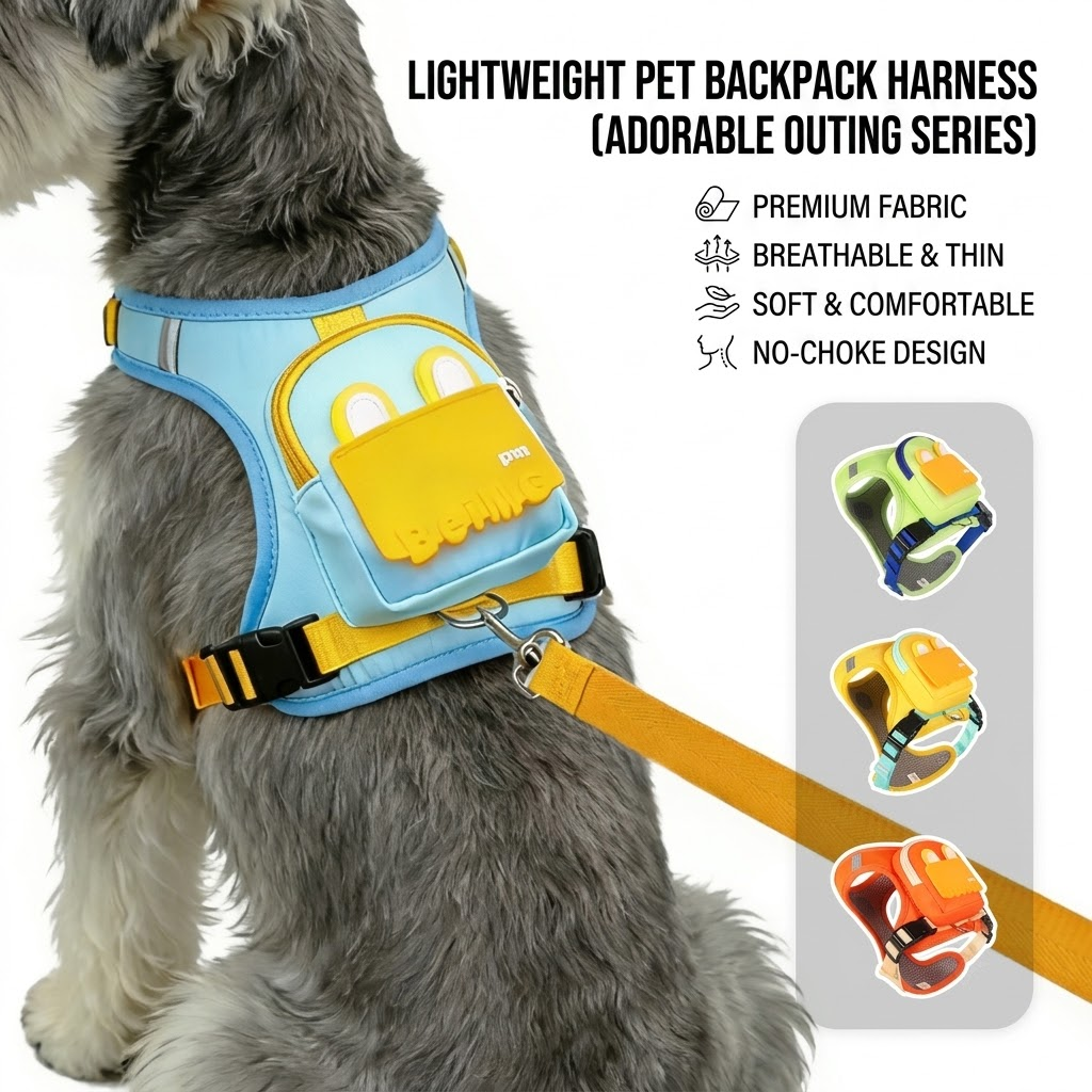 Stylish Color-Block Dog Backpack Harness with Built-in Poop Bag Dispenser – No-Pull Vest Design, Breathable Mesh Interior, and Matching 1.5m Leash for Fun-Filled Daily Walks and Outdoor Mini Adventures (M, Green)