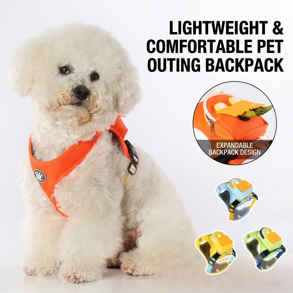Stylish Color-Block Dog Backpack Harness with Built-in Poop Bag Dispenser – No-Pull Vest Design, Breathable Mesh Interior, and Matching 1.5m Leash for Fun-Filled Daily Walks and Outdoor Mini Adventures (M, Yellow)