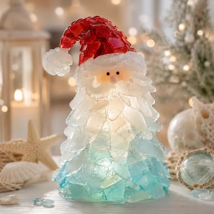 DIY Luminous Sea Glass Christmas Ornament Kit – Create Santa, Snowman, Reindeer, Wreath, Tree & Angel Decor with Built-in LED Lights, Perfect Handmade Holiday Centerpiece & Gift for Festive Home Ambiance (Santa)