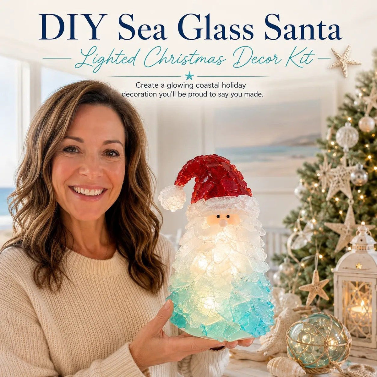 DIY Luminous Sea Glass Christmas Ornament Kit – Create Santa, Snowman, Reindeer, Wreath, Tree & Angel Decor with Built-in LED Lights, Perfect Handmade Holiday Centerpiece & Gift for Festive Home Ambiance (Wreath)
