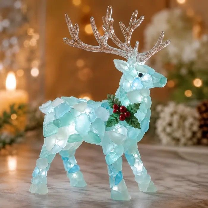 DIY Luminous Sea Glass Christmas Ornament Kit – Create Santa, Snowman, Reindeer, Wreath, Tree & Angel Decor with Built-in LED Lights, Perfect Handmade Holiday Centerpiece & Gift for Festive Home Ambiance (Wreath)