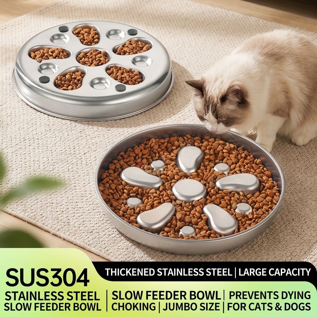 Slow-Feed Pet Bowl for Cats and Dogs – 304 Stainless Steel Anti-Gulp Shallow Dish with Raised Obstacle Patterns, Whisker-Friendly Wide Design for Daily Home Feeding, Mess-Free and Easy to Clean (Silver)