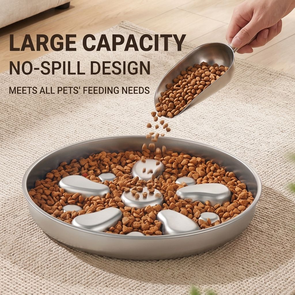Slow-Feed Pet Bowl for Cats and Dogs – 304 Stainless Steel Anti-Gulp Shallow Dish with Raised Obstacle Patterns, Whisker-Friendly Wide Design for Daily Home Feeding, Mess-Free and Easy to Clean (Silver)
