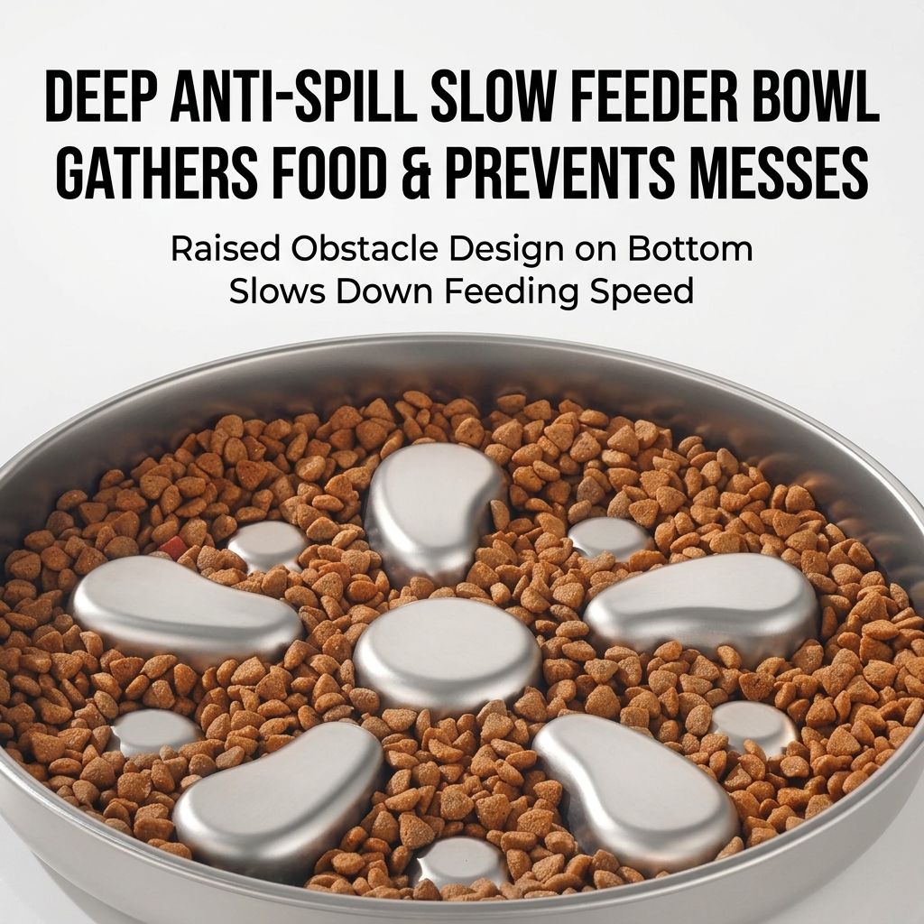 Slow-Feed Pet Bowl for Cats and Dogs – 304 Stainless Steel Anti-Gulp Shallow Dish with Raised Obstacle Patterns, Whisker-Friendly Wide Design for Daily Home Feeding, Mess-Free and Easy to Clean (Silver)