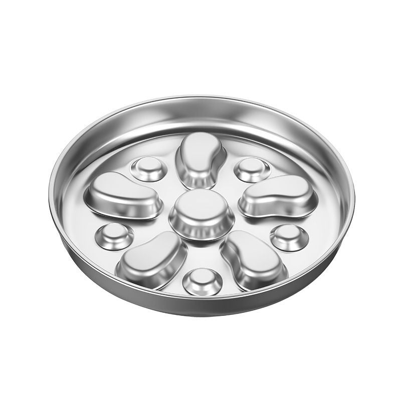 Slow-Feed Pet Bowl for Cats and Dogs – 304 Stainless Steel Anti-Gulp Shallow Dish with Raised Obstacle Patterns, Whisker-Friendly Wide Design for Daily Home Feeding, Mess-Free and Easy to Clean (Silver)
