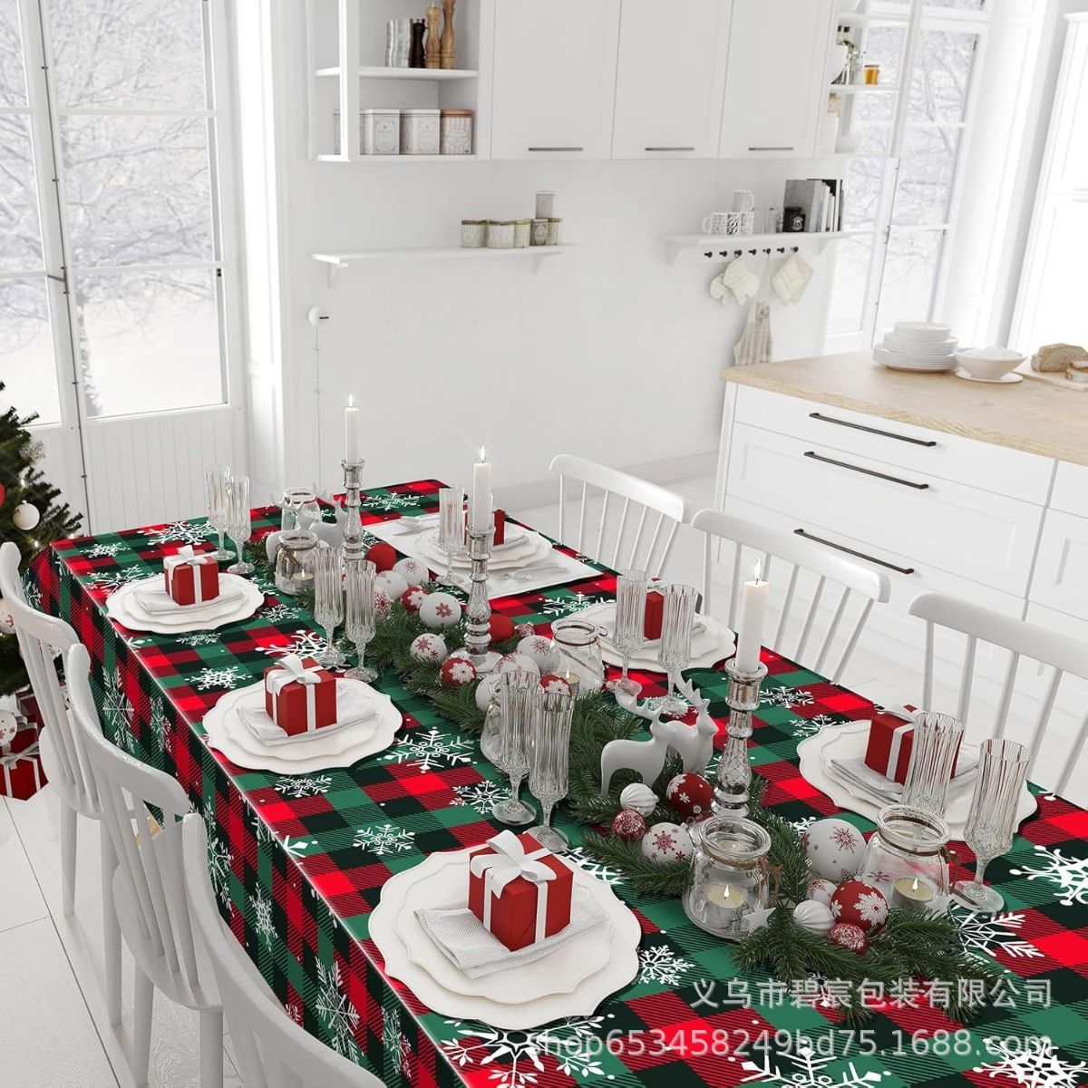 Christmas Tablecloth Plaid Tablecloth Snowflake Tablecloth Holiday Party - Red - Size 274cm137cm