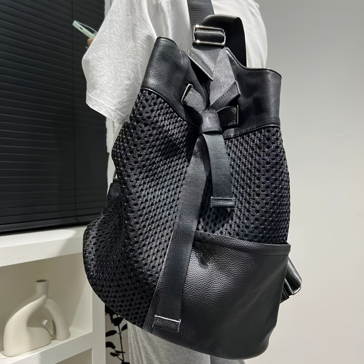 Leather Backpack Mesh Backpack Hybrid Backpack Travel Backpack Stylish Backpack - Black - Size M