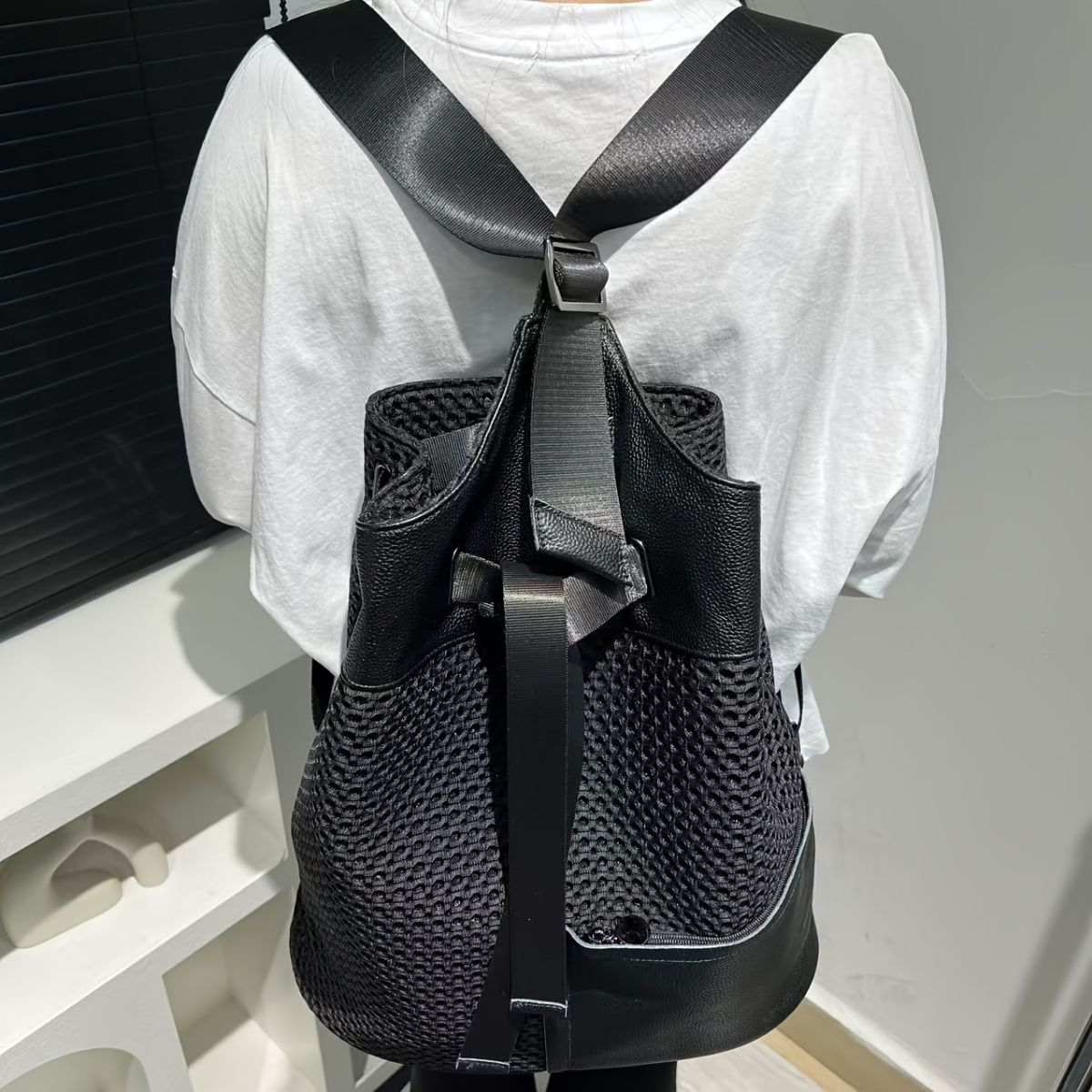 Leather Backpack Mesh Backpack Hybrid Backpack Travel Backpack Stylish Backpack - Black - Size M