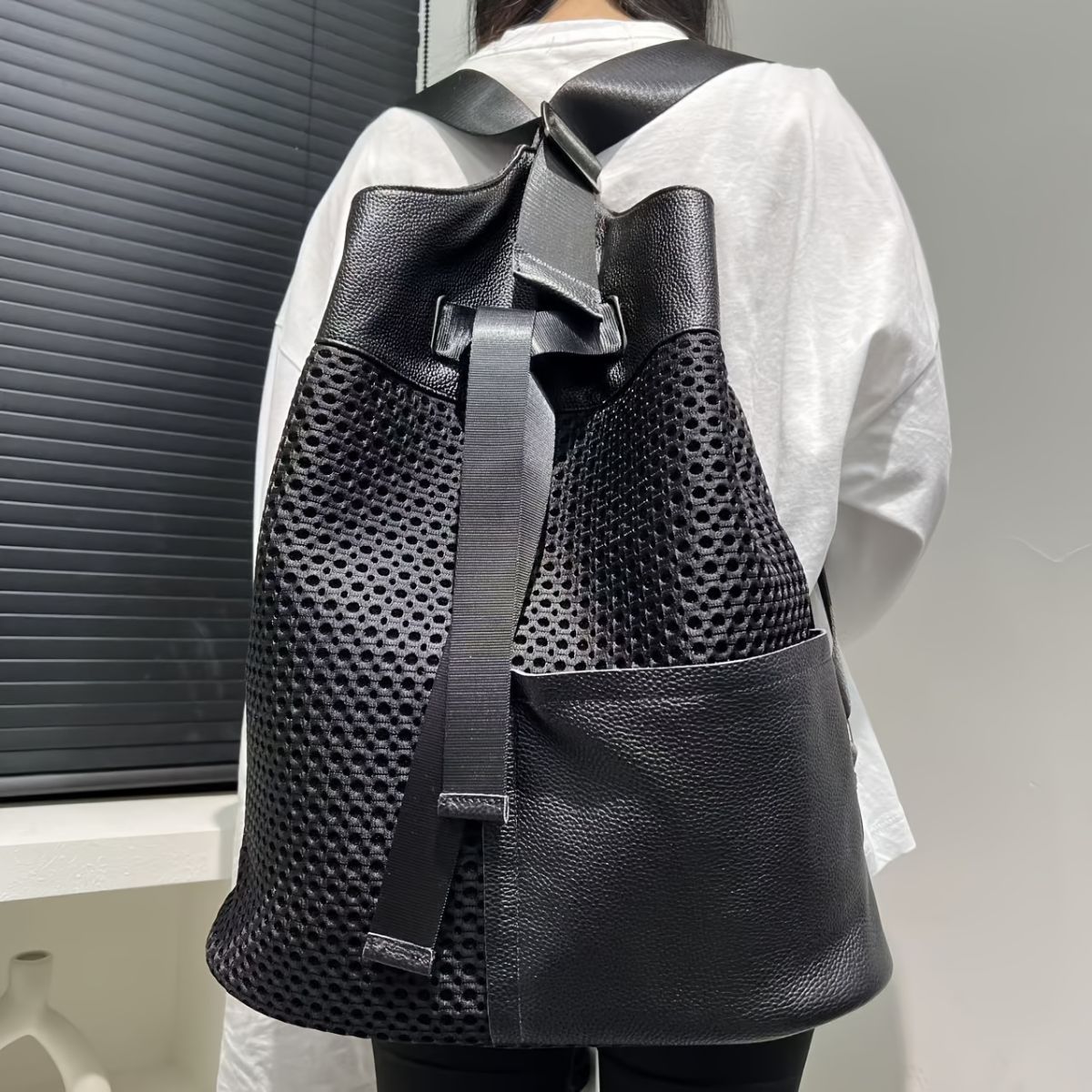 Leather Backpack Mesh Backpack Hybrid Backpack Travel Backpack Stylish Backpack - Black - Size M