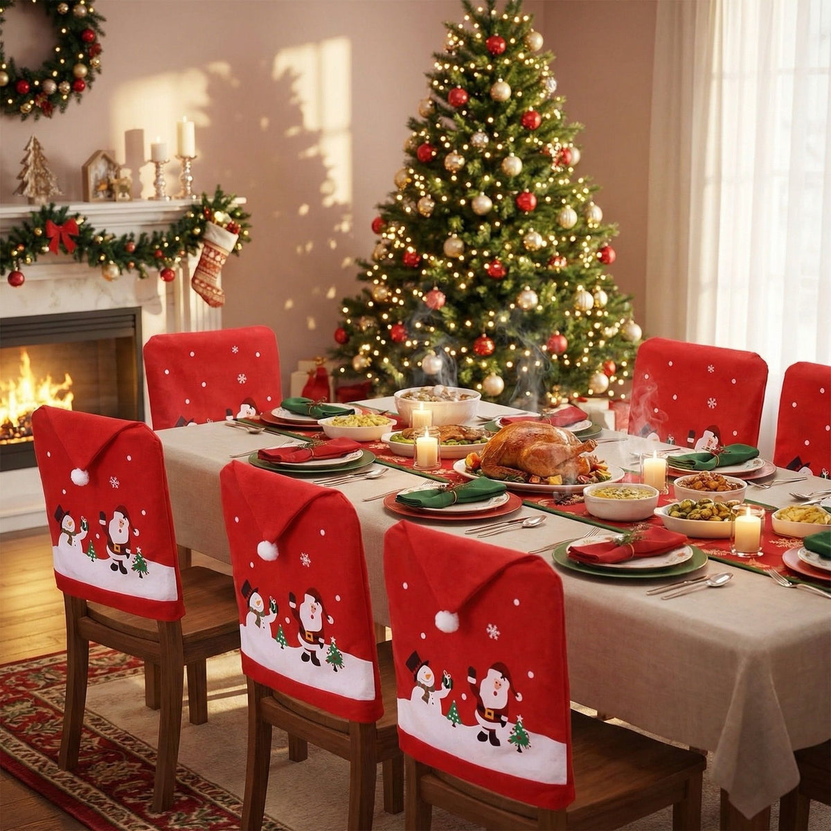 1Pcs Christmas Chair Cover Red Santa Snowman Chair Back Cover for Dining Room Xmas Party Home Decoration
