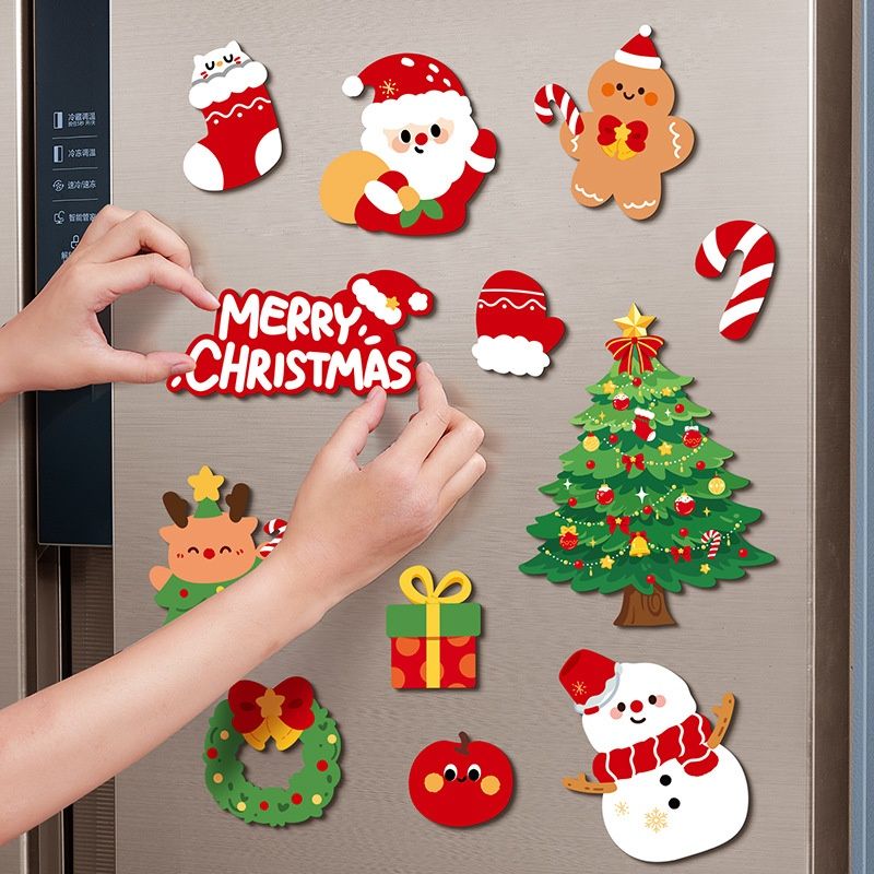 12Pcs Christmas Fridge Magnets Set Magnetic Santa Snowman Tree Decorations for Refrigerator Xmas Home Decor