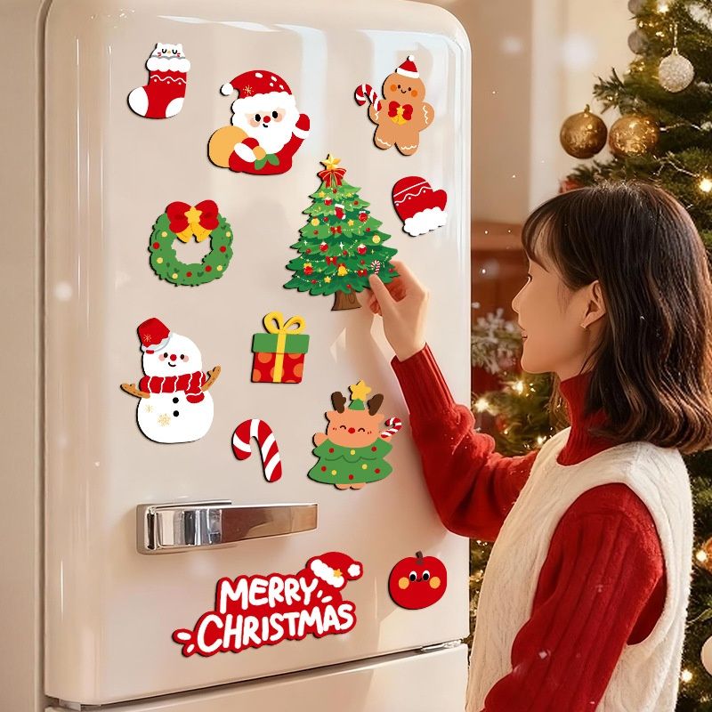 12Pcs Christmas Fridge Magnets Set Magnetic Santa Snowman Tree Decorations for Refrigerator Xmas Home Decor