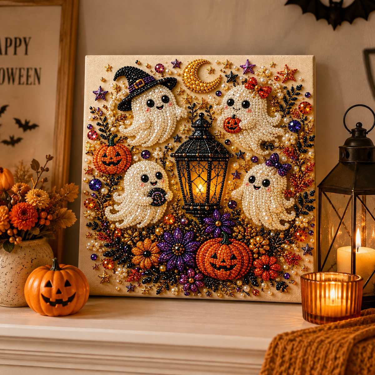 25 x 25cm Halloween Pearl Diamond Painting Kit Ghost Pumpkin DIY Stretched Canvas Wall Art Decoration