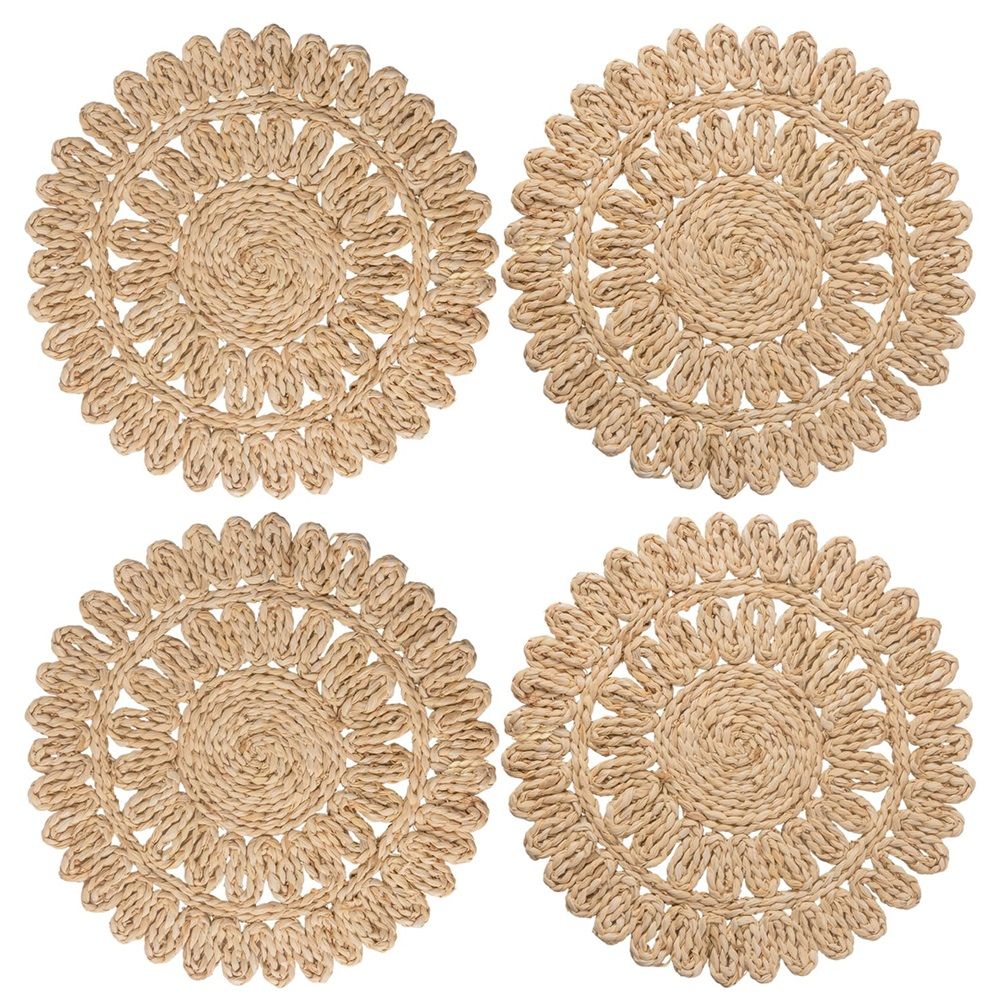 12" Set of 4 Round Corn Husk Placemats | Boho Woven Rattan Table Mats | for Wedding, Party, Christmas, Events