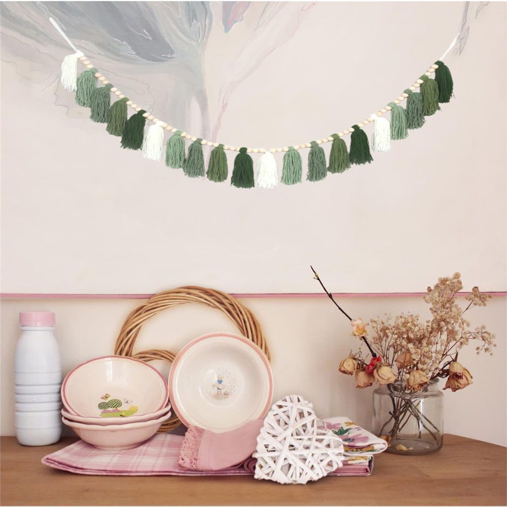 Green Tassel Wall Hanging Decor Forest Woodland Tassel Banner with Beads for Nursery Classroom Office Birthday Party Kids Room Baby Shower Decoration
