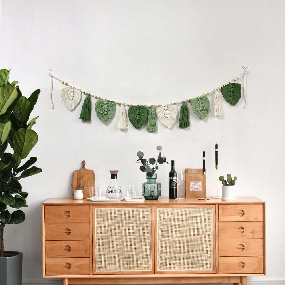 Wall Hanging Boho Handmade Woven Tapestry with Wood Beads Beige Green Chic Leaf Feather Boho Wall Art Decor Tapestry Wall Decor for Bedroom Living Room Nursery Apartment