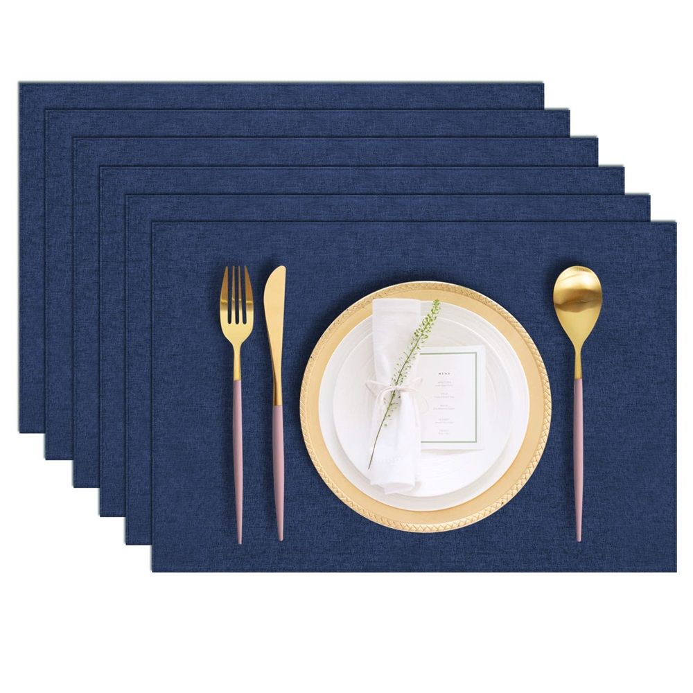 Cloth Placemats Set of 6, Cotton Linen Blend Machine Washable Durable Linen Table Mats, Heat Resistant Placemats Wrinkle Free Place Mats for Dining Table, Easy to Clean (Navy Blue, 6),Only table mats