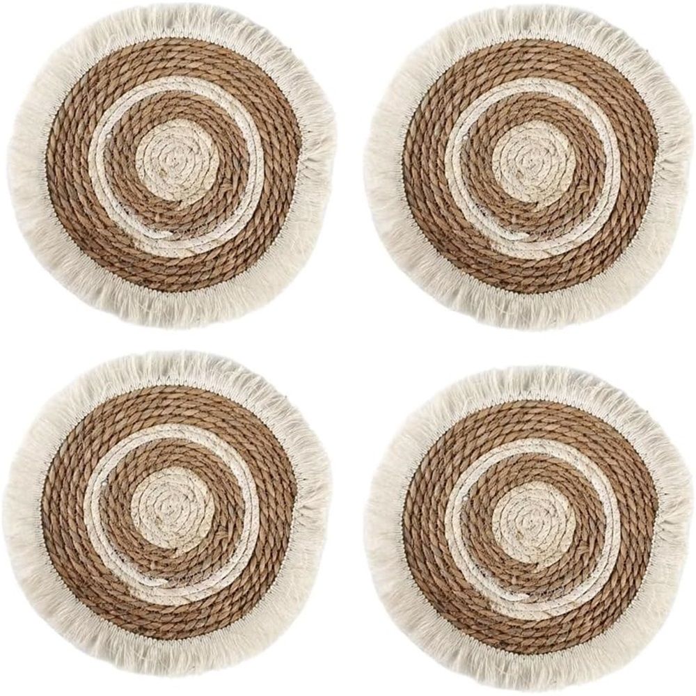 Boho Round Grass Tassels Placemats Set of 4, Rustic Weave Tablemats, Farmhouse Concentric Circle Braided Macrame Décor for Kitchen Dining Table,(33cm)