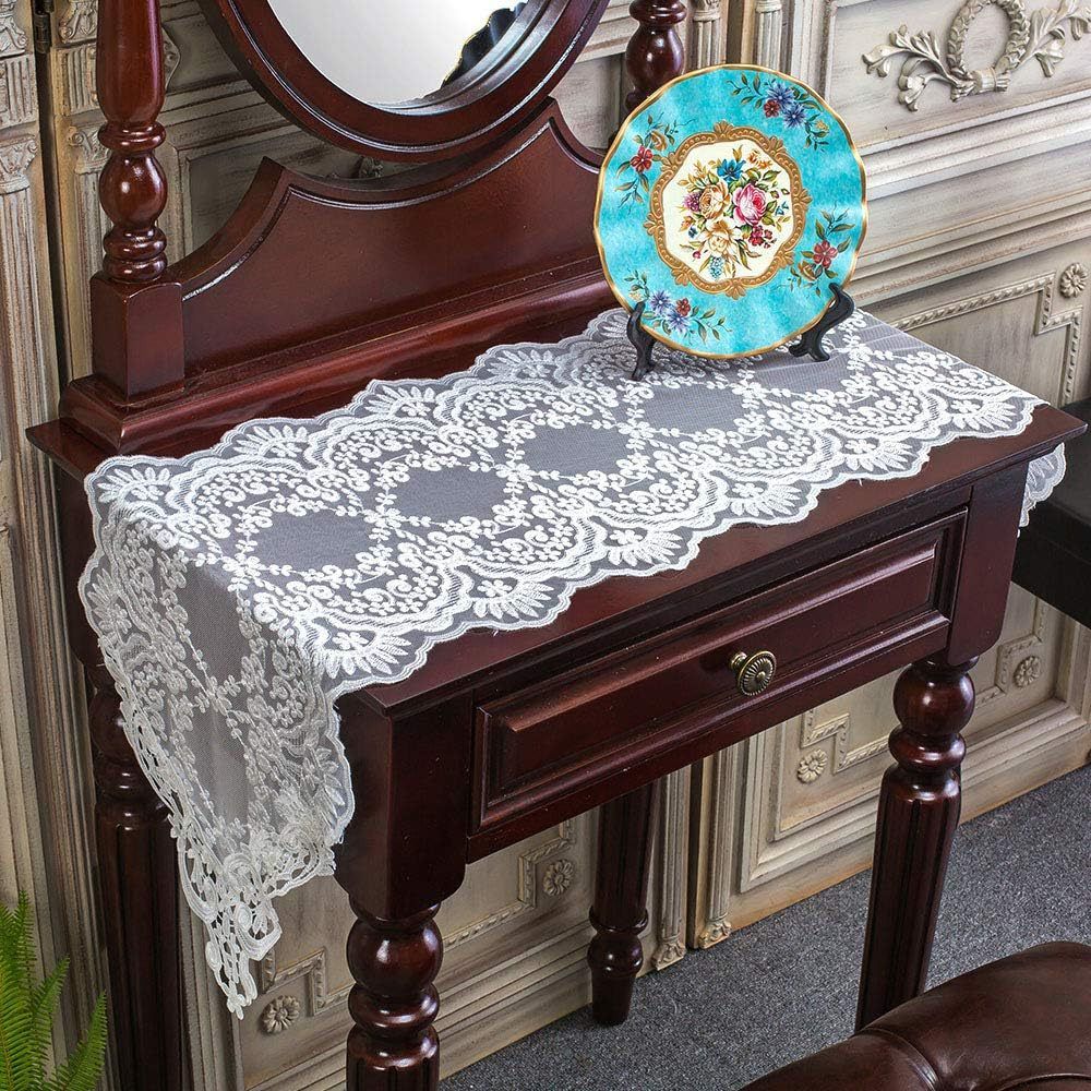 Rectangle Table Runner Lace Embroidered Table Runners with Exquisite Vintage Shabby Chic for Holiday Wedding Long Dinner Tables (White, 26*70cm )