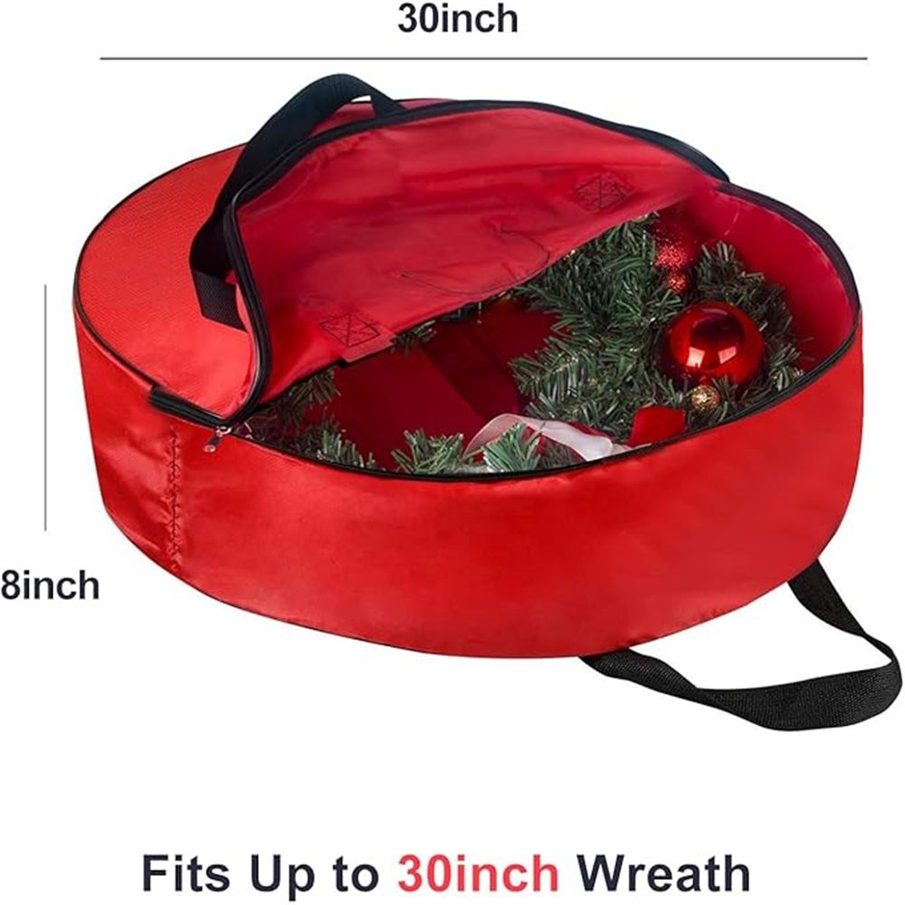 Christmas Wreath Storage Bag - 30 Inch, Red, Cotton, Zipper Closure, Reinforced Handles, Double Zippers, Clear Card Slot, Ideal for Christmas Decorations