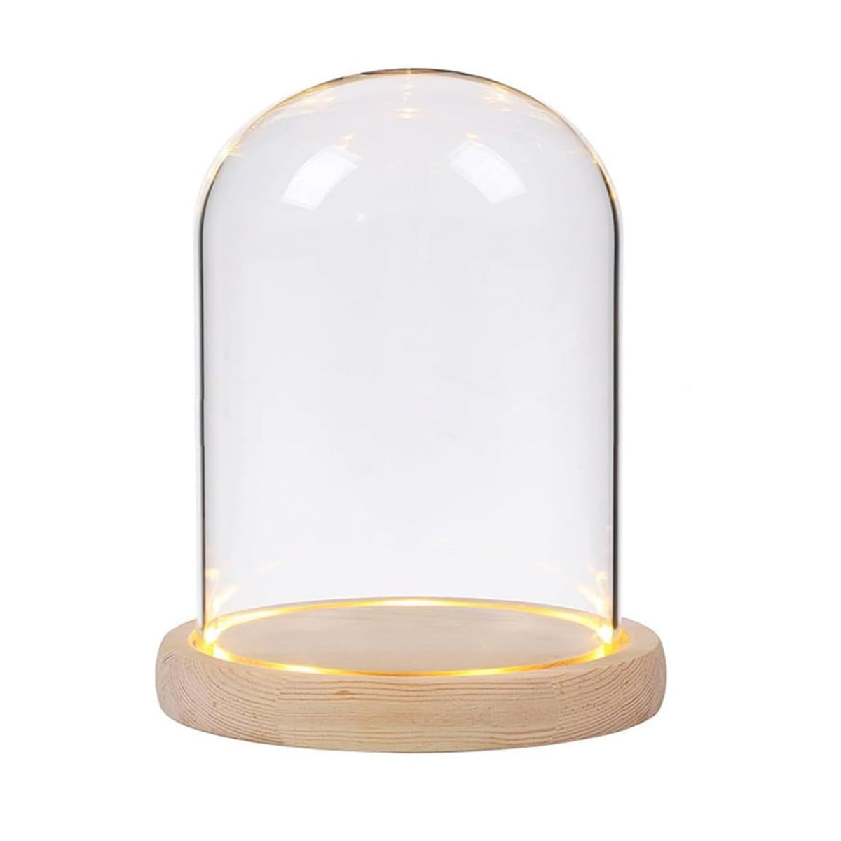Glass niche dome with wooden LED lamp base, transparent display dome, countertop glass niche display cabinet, small statue, souvenir, plant, ideal gift(12*22cm)
