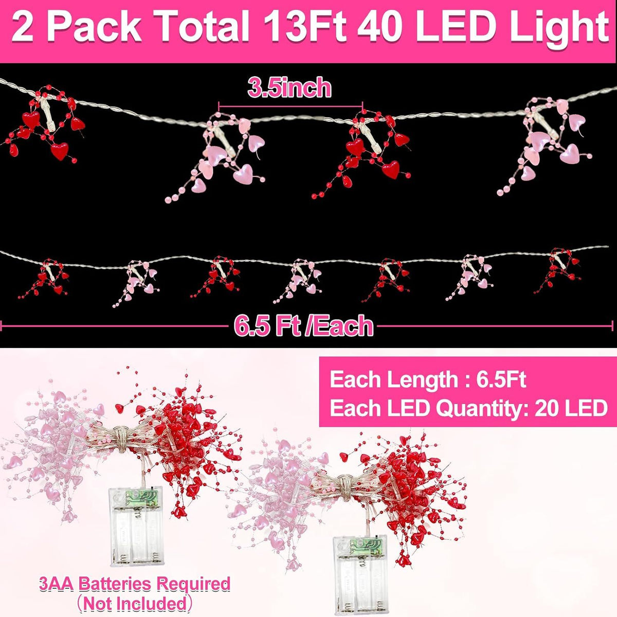 2 Pack Valentines Day Decorations Pink & Red Hearts Lights, Valentine Day Garland with Light Total 13Ft 40LED Beads Hearts String Light Battery Operated Valentines Day Lights for Home Bedroom