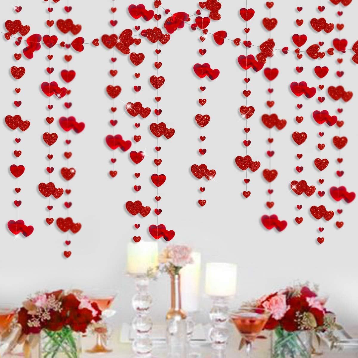 Valentines Day Party Decoration Red Heart Garland Metallic Glitter Hanging Heart Streamer Banner for Anniversary Mother's Day Engagement Wedding Bridal Shower Bachelorette Hen Party Supplies 4M 4pcs