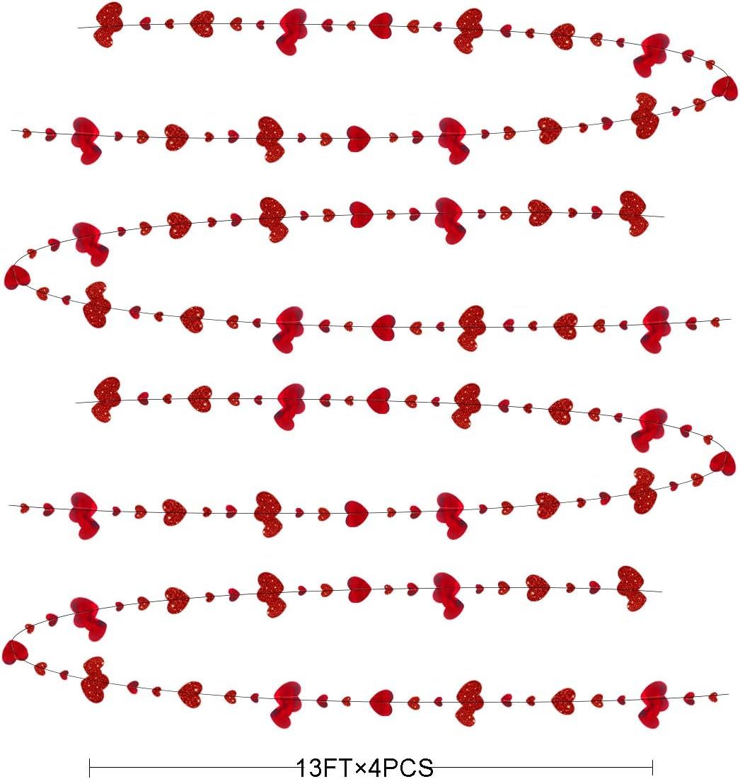 Valentines Day Party Decoration Red Heart Garland Metallic Glitter Hanging Heart Streamer Banner for Anniversary Mother's Day Engagement Wedding Bridal Shower Bachelorette Hen Party Supplies 4M 4pcs