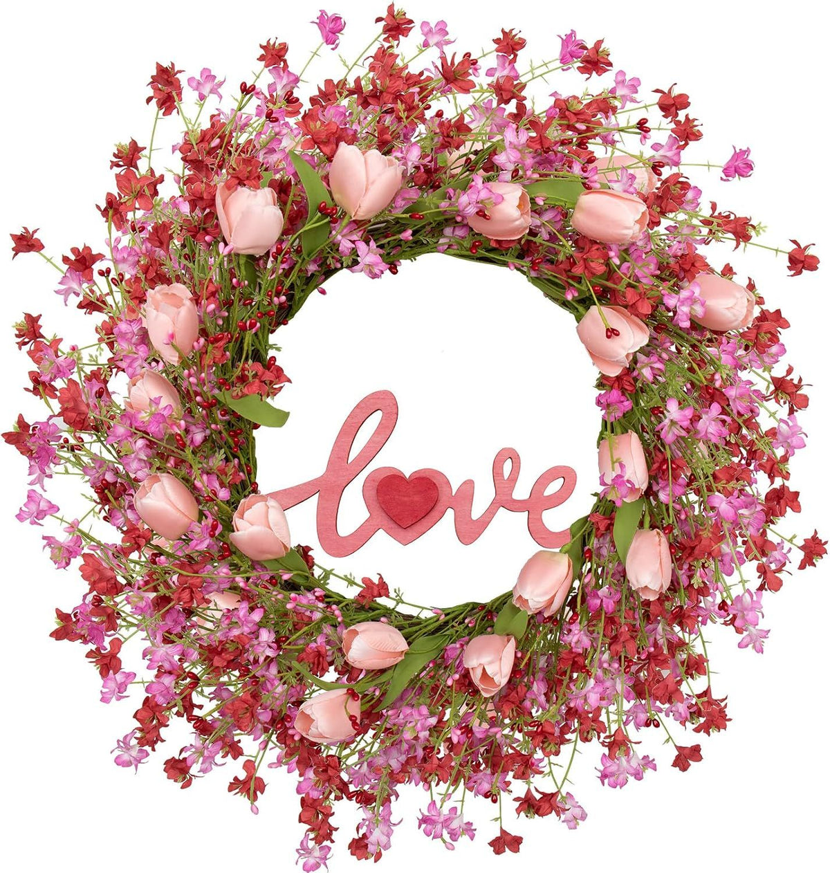 Valentines Day Wreath Decor, 22inch Artificial Pink Wreath with Tulip Berry Green Leaf Element, Valentines Wreaths for Front Door Wedding Anniversary Party Candlelight Dinner Decorations