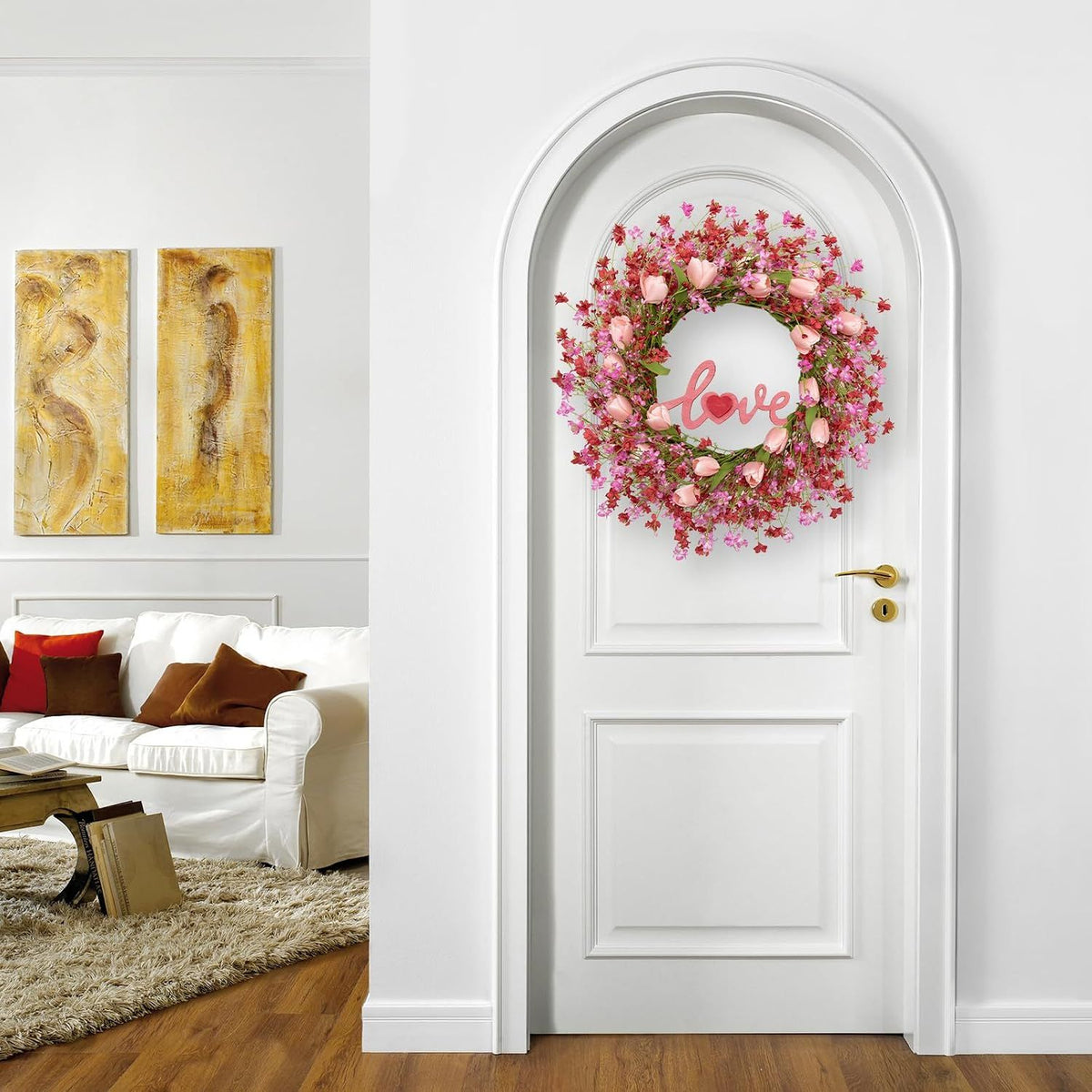 Valentines Day Wreath Decor, 22inch Artificial Pink Wreath with Tulip Berry Green Leaf Element, Valentines Wreaths for Front Door Wedding Anniversary Party Candlelight Dinner Decorations