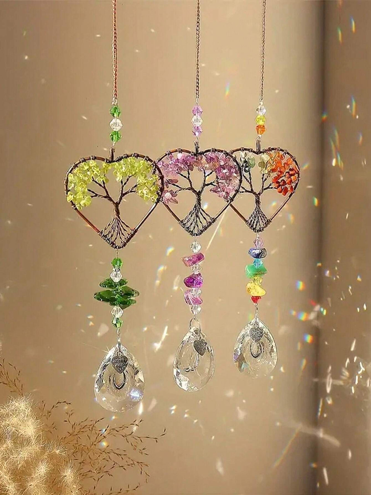 1PC Rainbow Sun Catcher Tree Of Life Heart Shaped Ornament Chakra Wheel Stone Window Ball Prism Hanging Garden Home Car Decoration Wall Decor A Ideal Valentine s Day Gift