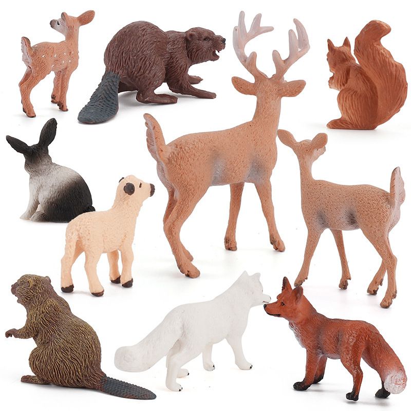 10PCS Forest Animals Figures, Woodland Creatures Figurines, Miniature (Beaver+Red Fox+Sheep+Rabbit+Squirrel+Arctic Fox+Deer)