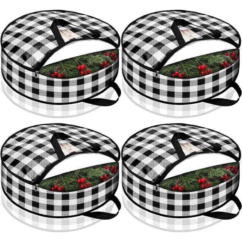 4 Pieces Christmas Wreath Storage Bag Round Buffalo Plaid Wreaths Storage Container Large Zippered (Black and White, 24 Inch)