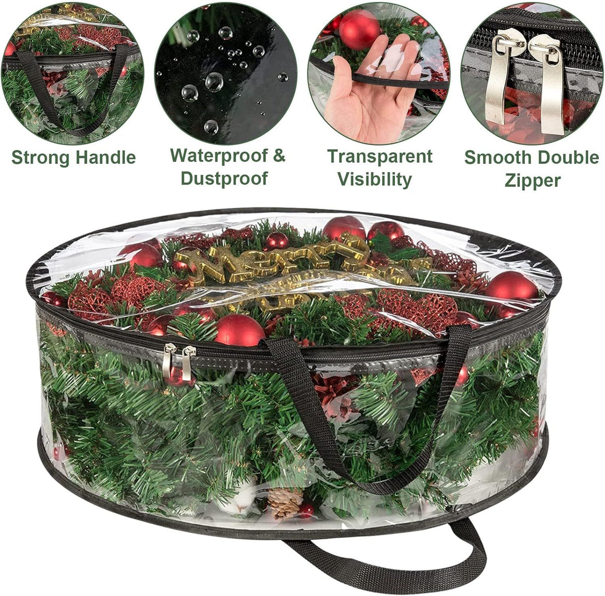 4 PCS Clear Wreath Storage Bag, 24x8 Inch Christmas Wreath Storage Container, Heavy Duty PVC Wreath Protector with Handle (Black)