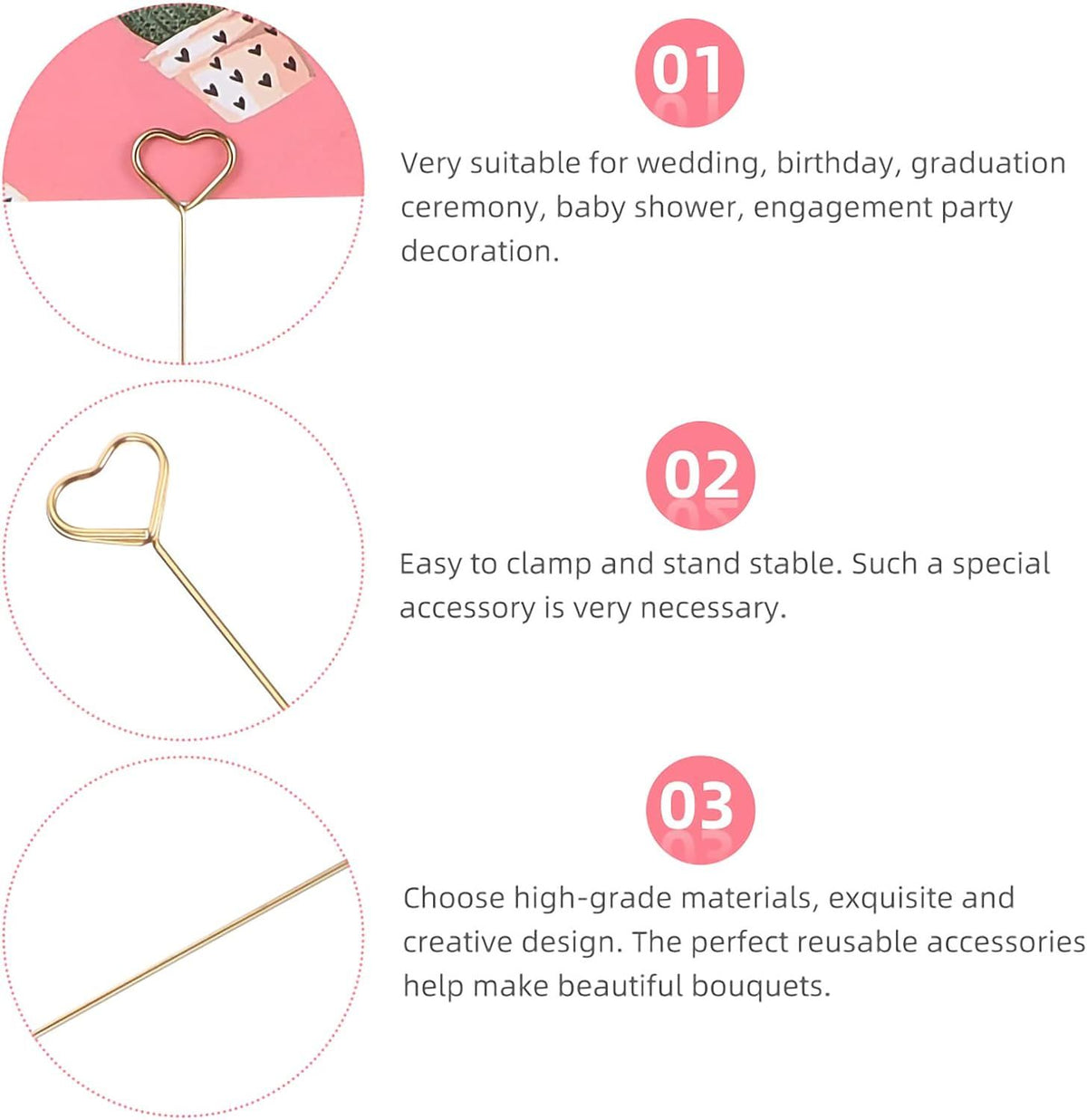30 Pcs Metal Floral Place Card Holder, 13.4 Inch Table Number Holders Heart Shape Flower Pick Clips for Floral Arrangement