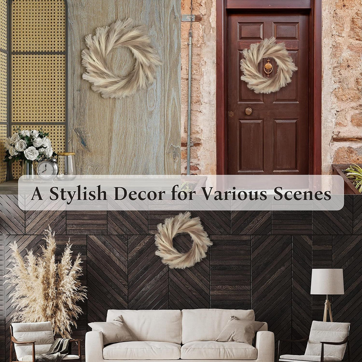 Pampas Grass Wreath, Faux Pampas Wreath for Front Door, Artificial Pampas Wreath for All Seasons, Boho Wall Decor