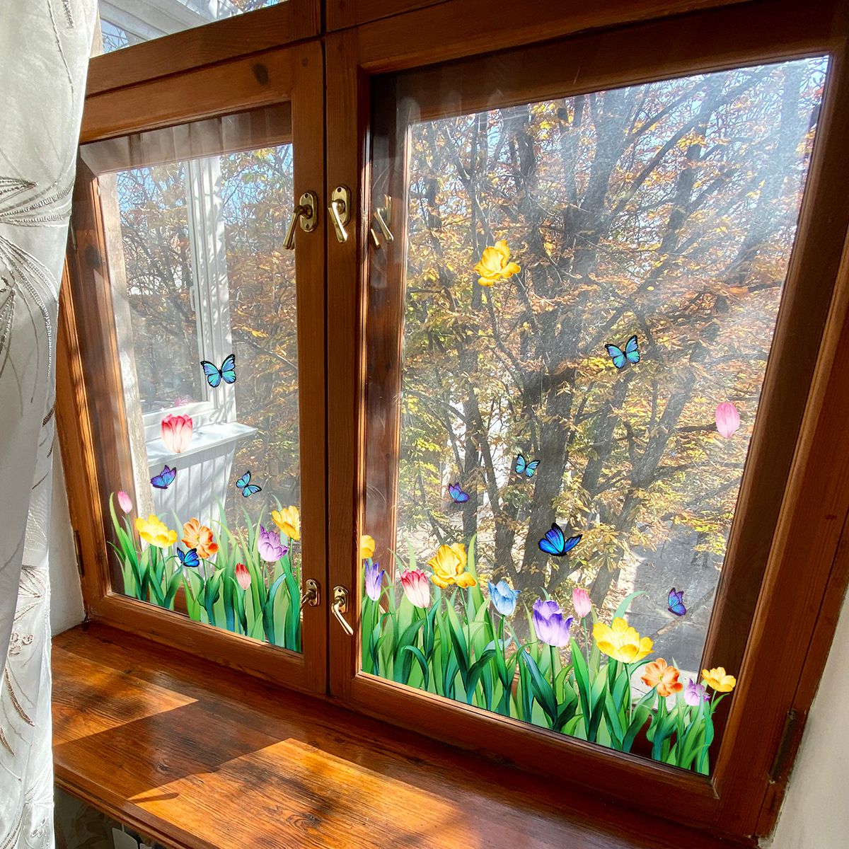 Spring Window Clings Flower Window Stickers Decorations for Glass Windows, Easter Tulip Butterfly Flower Window Decals